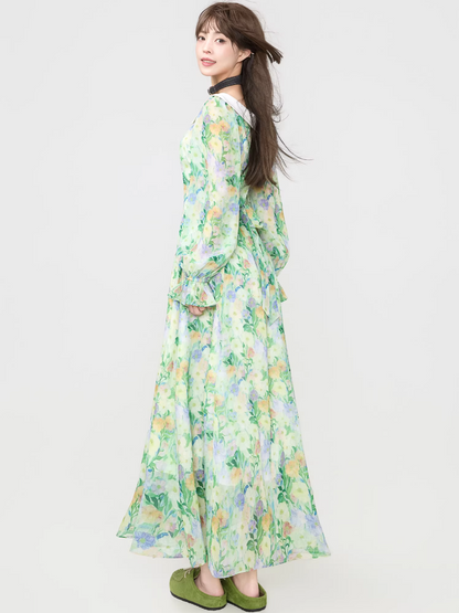 Floral Chiffon Puff Sleeve Long Dress　X3540