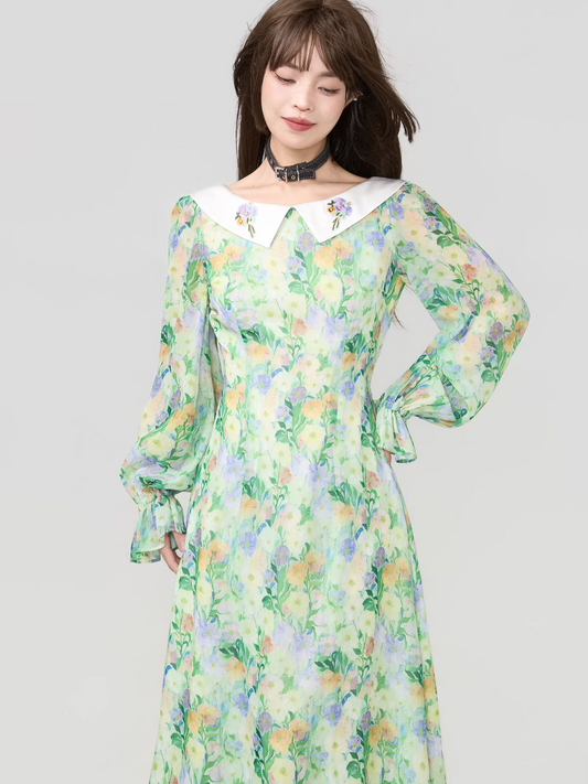 Floral Chiffon Puff Sleeve Long Dress　X3540