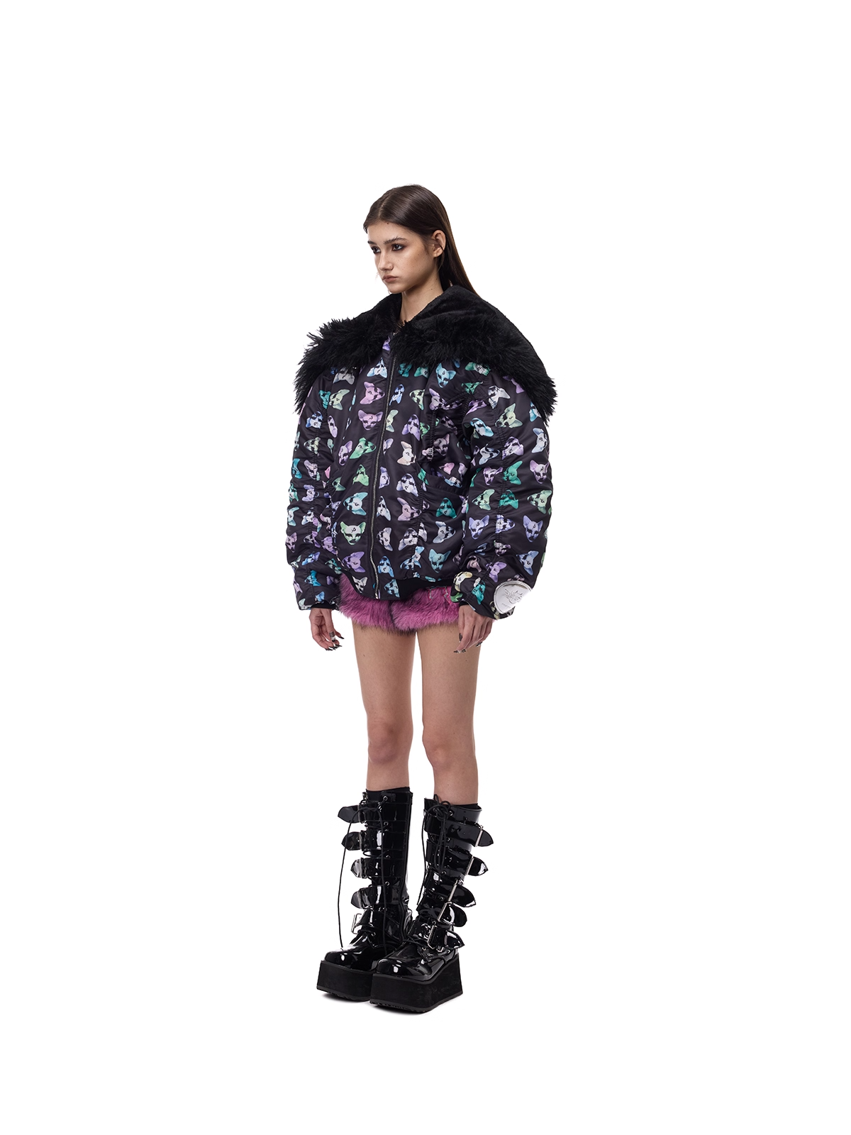 Cat Motif Print Black Metal Faux-Fur Collar Padded Jacket (Unisex)　X3488