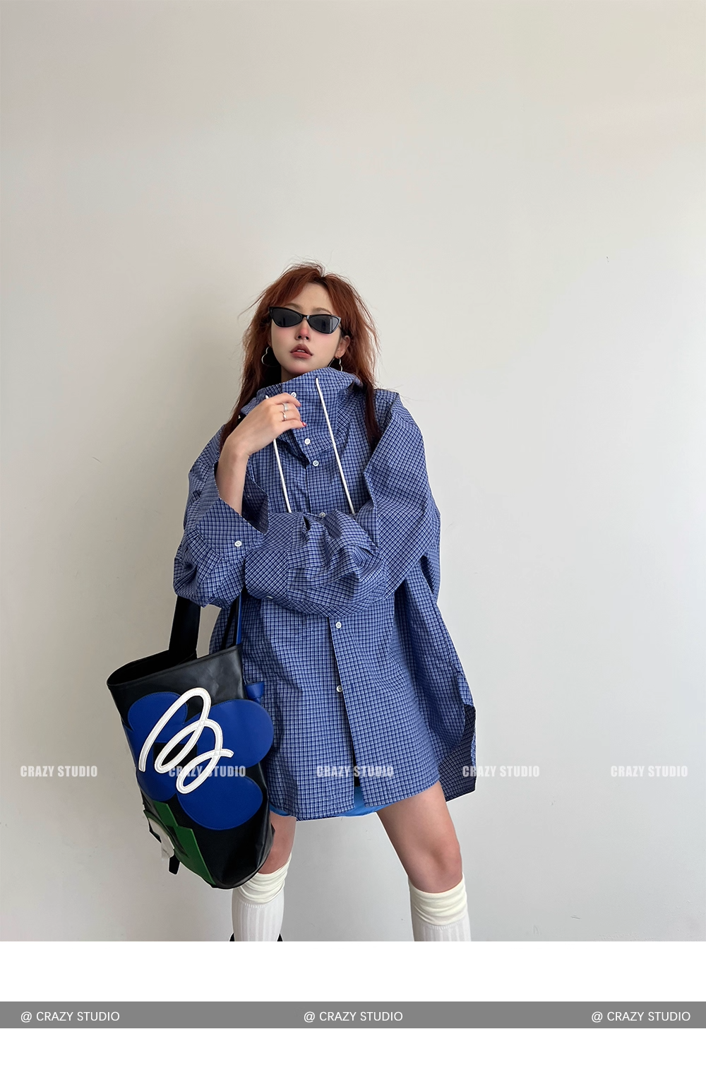 Street Style Plaid Hooded Oversized Drawstring Shirt Jacket　X3336