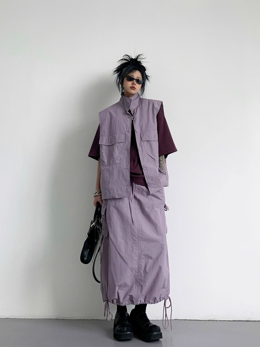 Vintage Purple Utility Vest & Drawstring Skirt Set　X3339