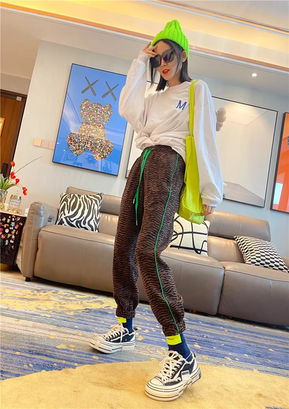 秋季豹紋高腰修身抽繩慢跑運動褲 X3501