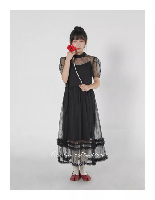 Polka Dot Tulle Puff Sleeve Dress 2-Piece Set　X3526