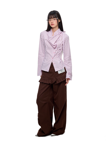 Blue Striped Long Sleeve Overlap Collar Shirt　X3333