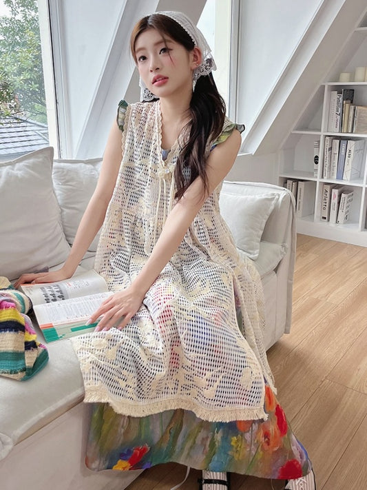 Retro Flower Pattern Ruffle Sleeveless Layered Long Dress Set　X2721