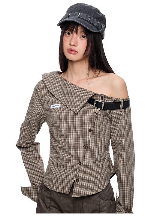 Asymmetric Off-Shoulder Plaid Long Sleeve Shirt　X3331