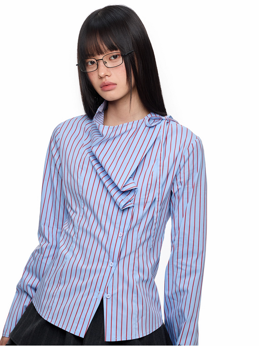 Blue Striped Long Sleeve Overlap Collar Shirt　X3333