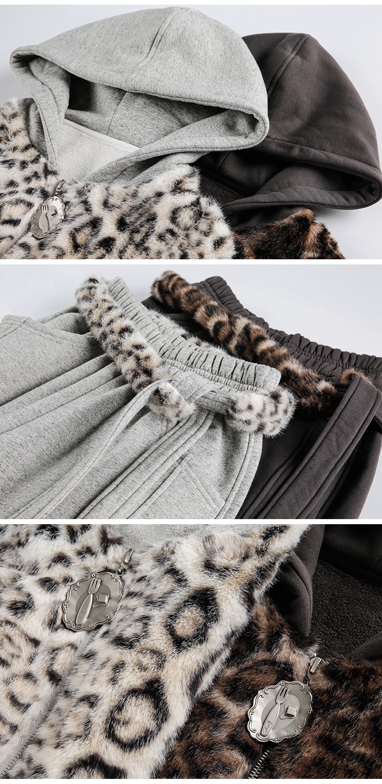 Leopard Faux-Fur Panel Hoodie & Pants　X3487