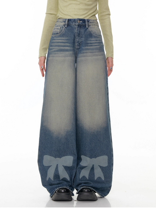 High Waist Wide-leg Straight Denim Pants with Bow　X3383
