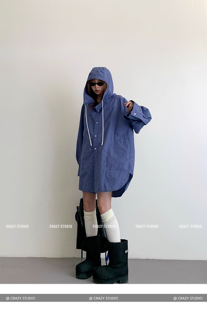 Street Style Plaid Hooded Oversized Drawstring Shirt Jacket　X3336
