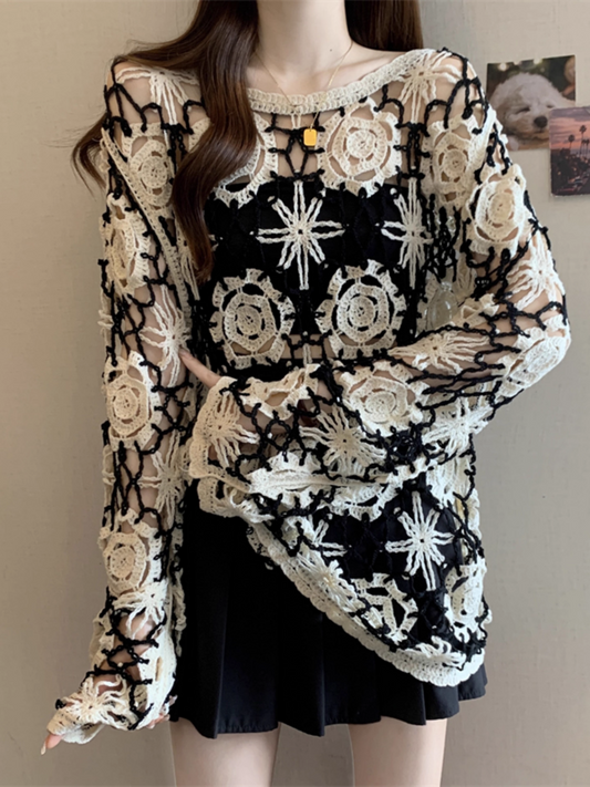 Hollow Crochet Knit Long Sleeve Cardigan X3312