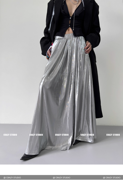 Liquid Silver Metallic A-Line Maxi Skirt　X3337