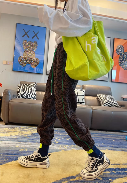 秋季豹紋高腰修身抽繩慢跑運動褲 X3501