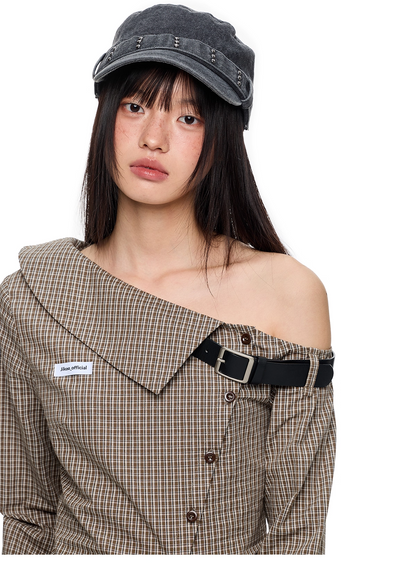 Asymmetric Off-Shoulder Plaid Long Sleeve Shirt　X3331