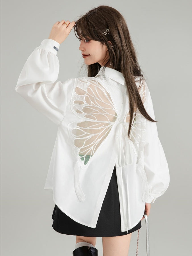 Butterfly motif open back puff sleeve shirt X2766