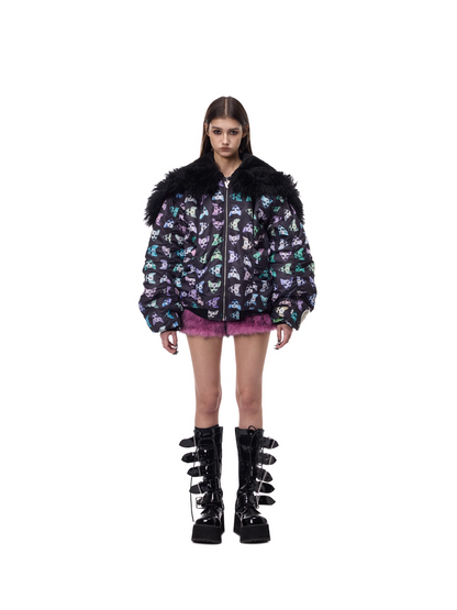 Cat Motif Print Black Metal Faux-Fur Collar Padded Jacket (Unisex)　X3488