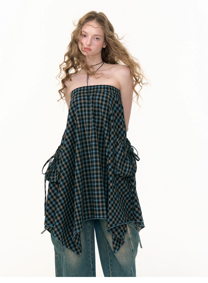 Blue Check High Waist Asymmetrical Skirt　X3384
