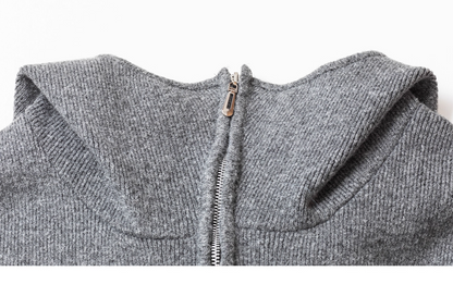 Heavyweight Grey Zip-Up Knit Hoodie Cardigan　X3368