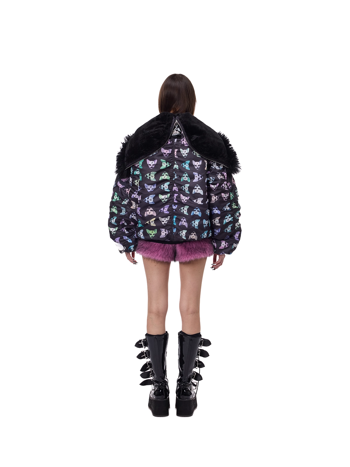 Cat Motif Print Black Metal Faux-Fur Collar Padded Jacket (Unisex)　X3488