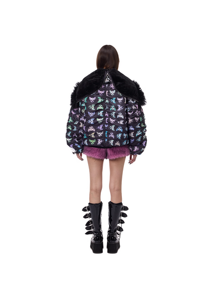 Cat Motif Print Black Metal Faux-Fur Collar Padded Jacket (Unisex)　X3488