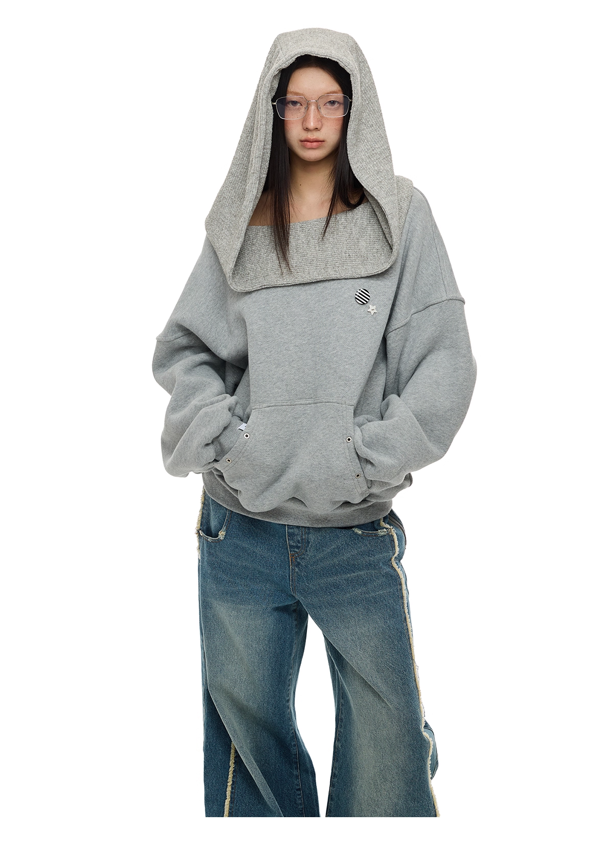 Layered-Look Off-Shoulder High-Neck Hoodie　X3485
