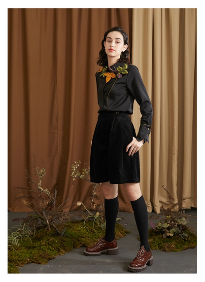 Leaf & Berry Embroidered Glossy Shirt　X3444