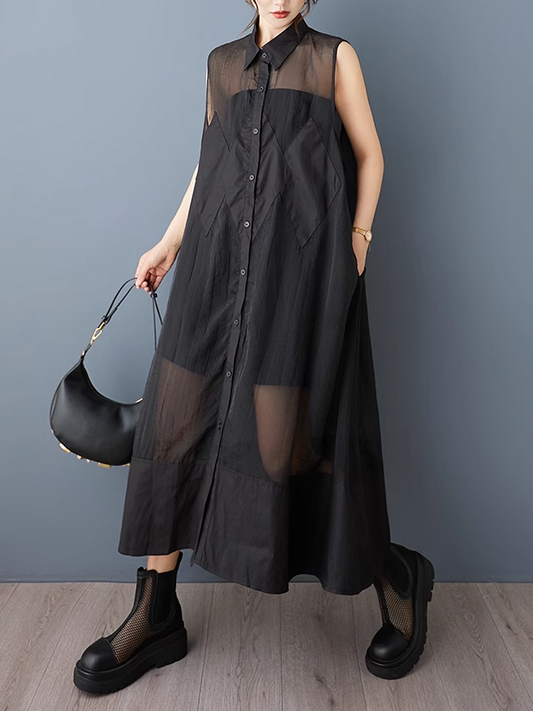 Geometric Mesh Panel Sleeveless Shirt Dress X3308