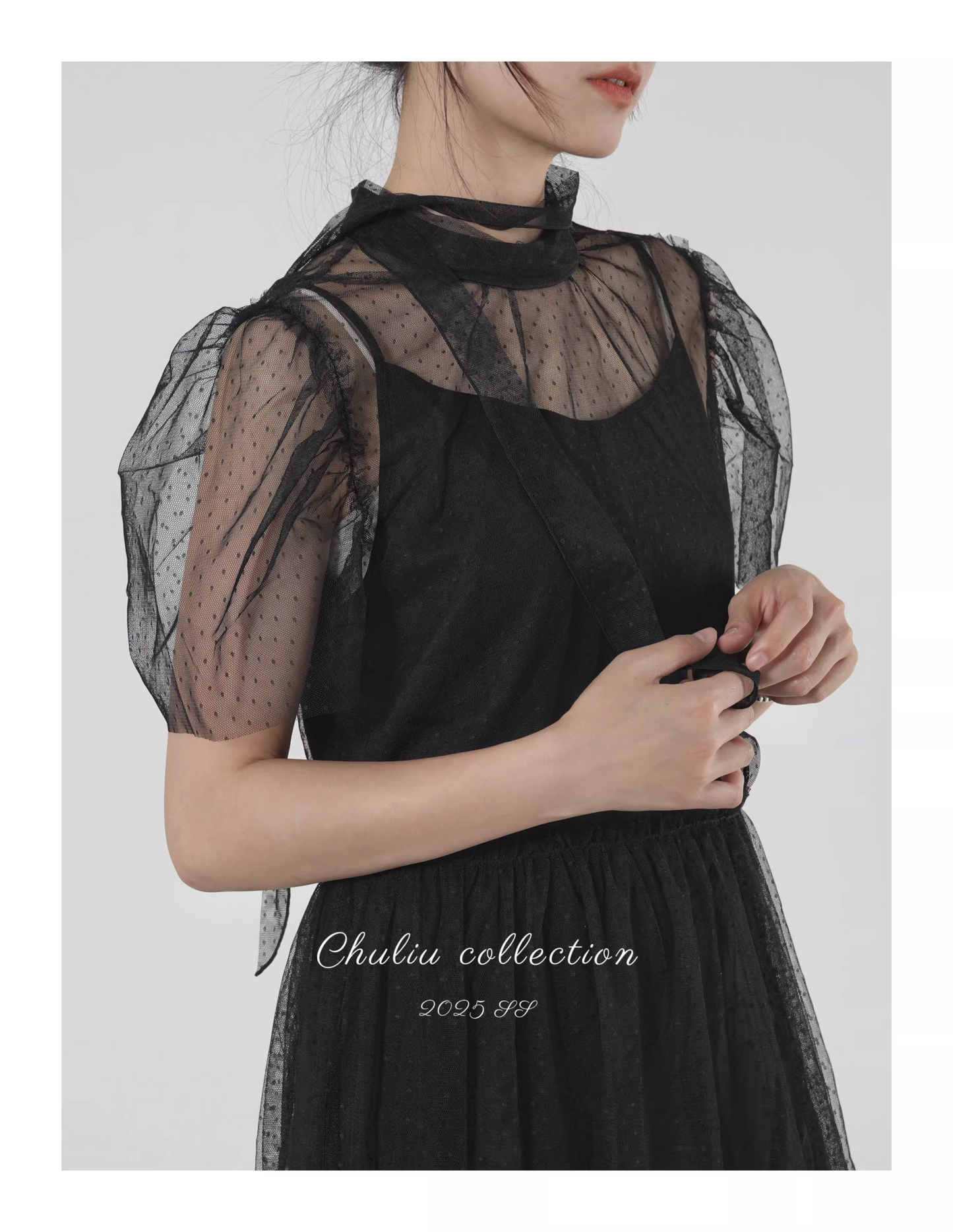 Polka Dot Tulle Puff Sleeve Dress 2-Piece Set　X3526