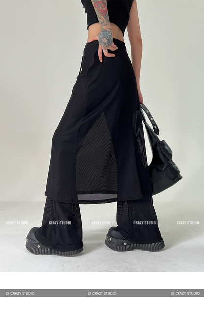 Layered Mesh Panel Drawstring Flared Skirt Pants　X3342