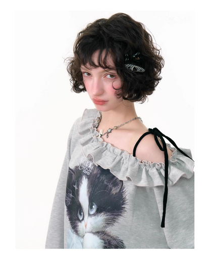Cat Print One-shoulder Sweatshirt　X3386