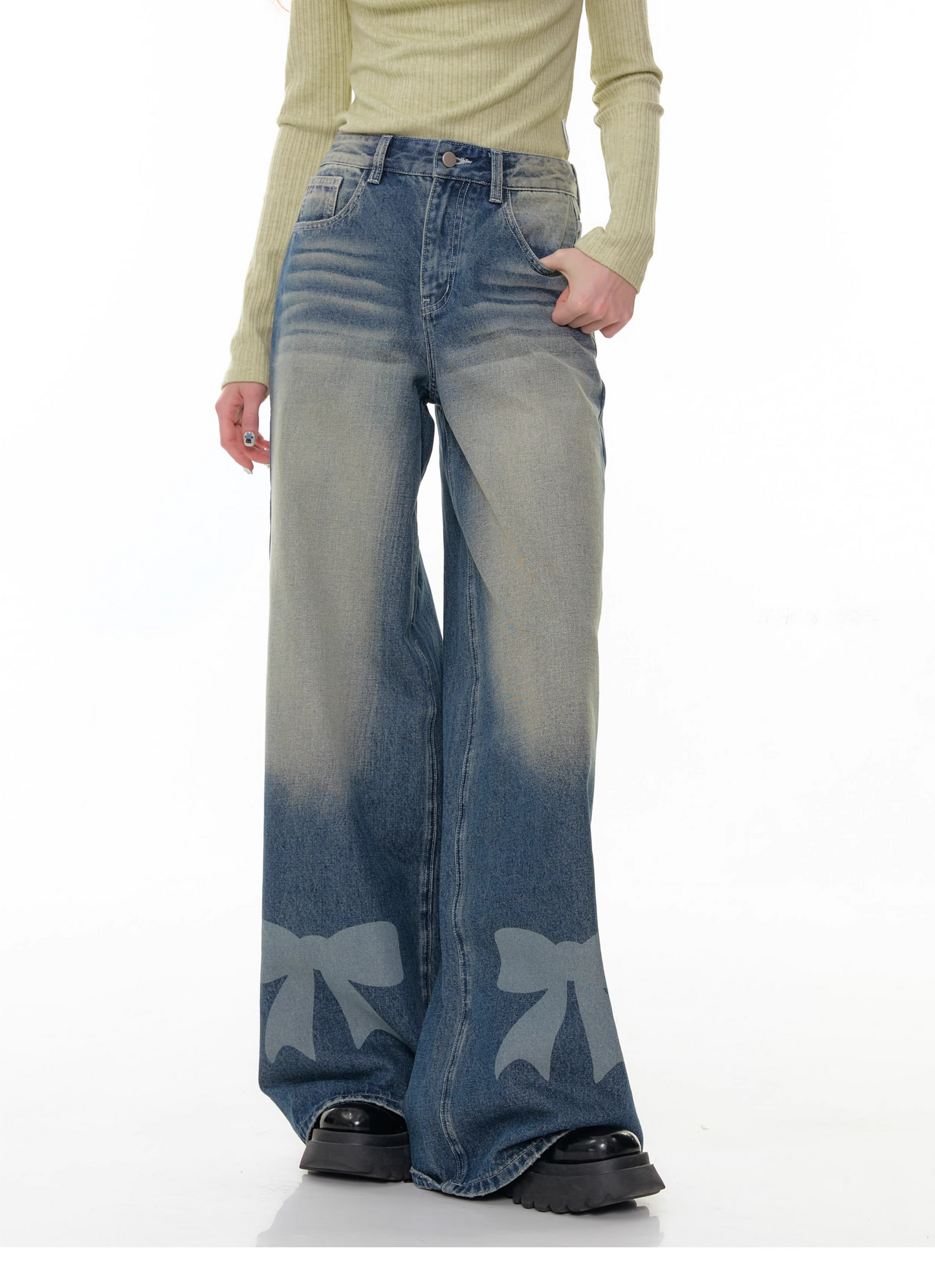 High Waist Wide-leg Straight Denim Pants with Bow　X3383