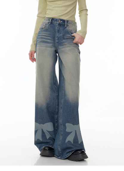 High Waist Wide-leg Straight Denim Pants with Bow　X3383
