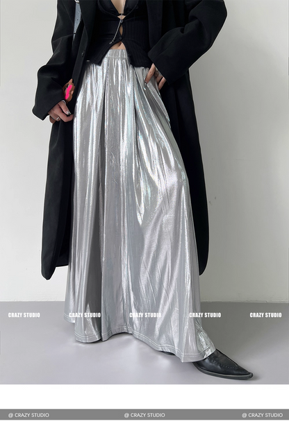 Liquid Silver Metallic A-Line Maxi Skirt　X3337