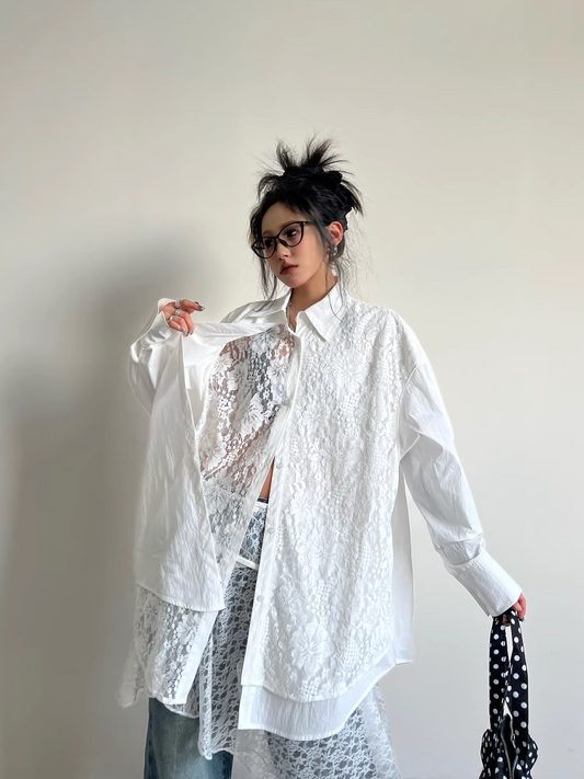 White Lace Panelled Layered-Style Long Sleeve Shirt　X3340