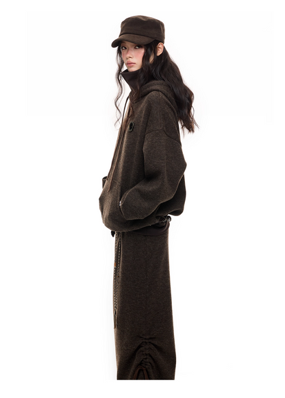 Layered-Look High-Neck Hoodie & Long Skirt 　X3484