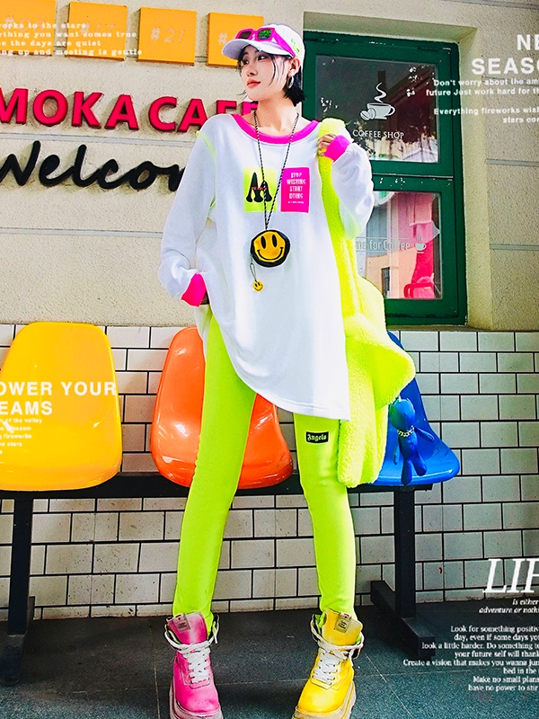 Neon Green Letter Patch Fleece Leggings X3412