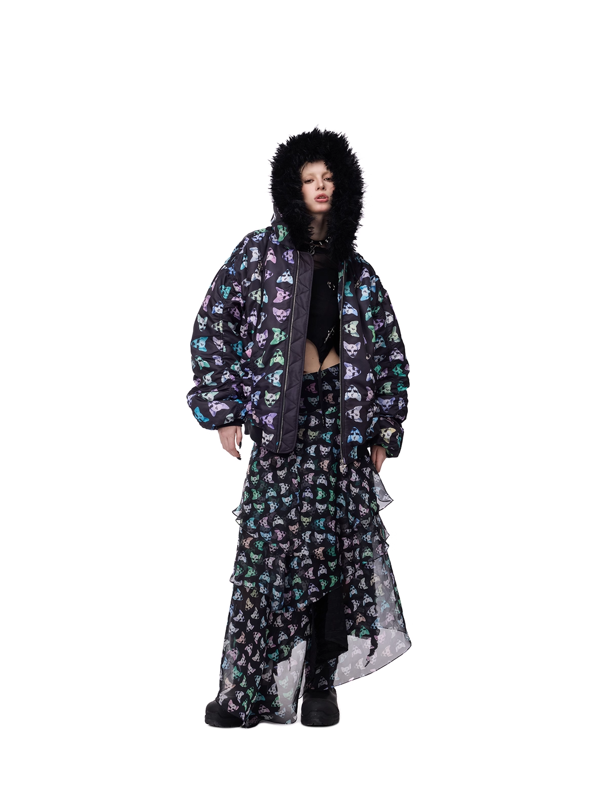 Cat Motif Print Black Metal Tulle Layered Long Skirt　X3489