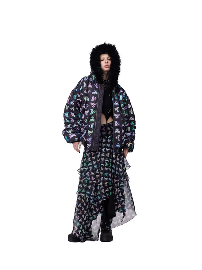 Cat Motif Print Black Metal Tulle Layered Long Skirt　X3489