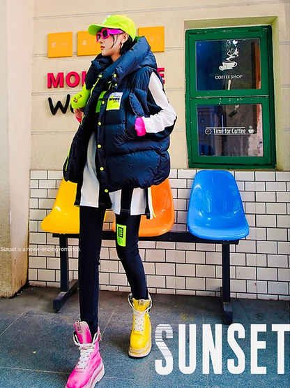 Neon Green Letter Patch Fleece Leggings X3412