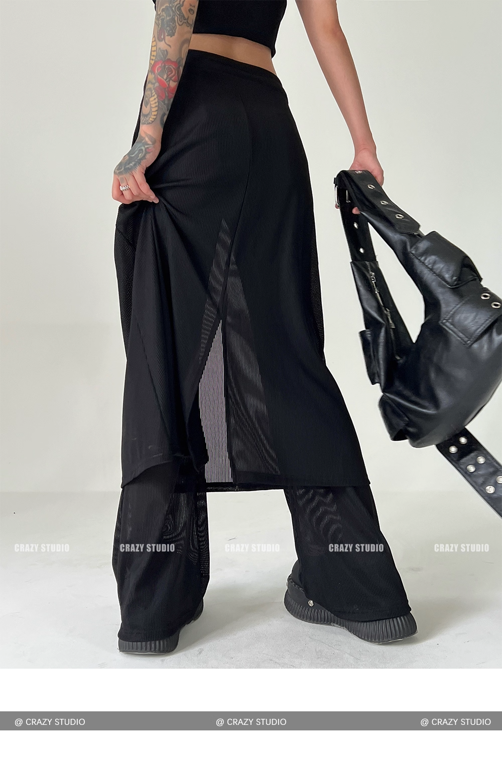 Layered Mesh Panel Drawstring Flared Skirt Pants　X3342