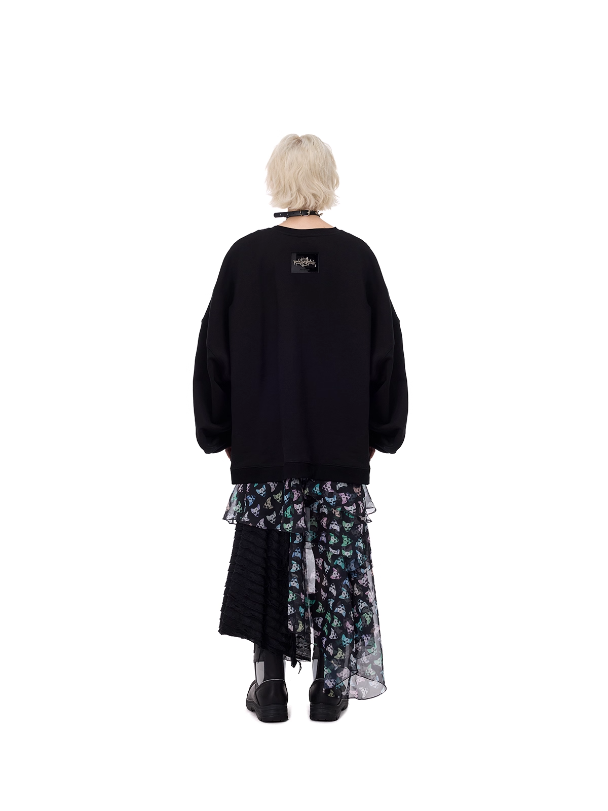 Cat Motif Print Black Metal Tulle Layered Long Skirt　X3489