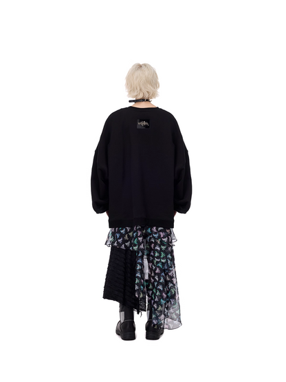 Cat Motif Print Black Metal Tulle Layered Long Skirt　X3489