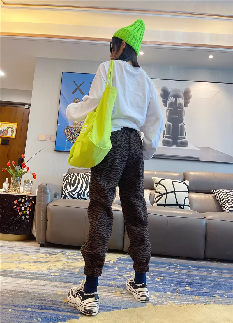 秋季豹紋高腰修身抽繩慢跑運動褲 X3501