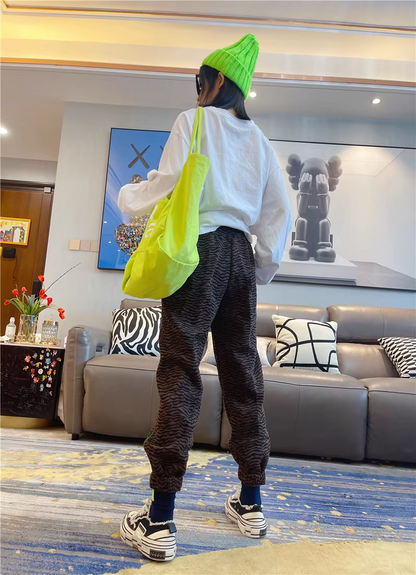 秋季豹紋高腰修身抽繩慢跑運動褲 X3501