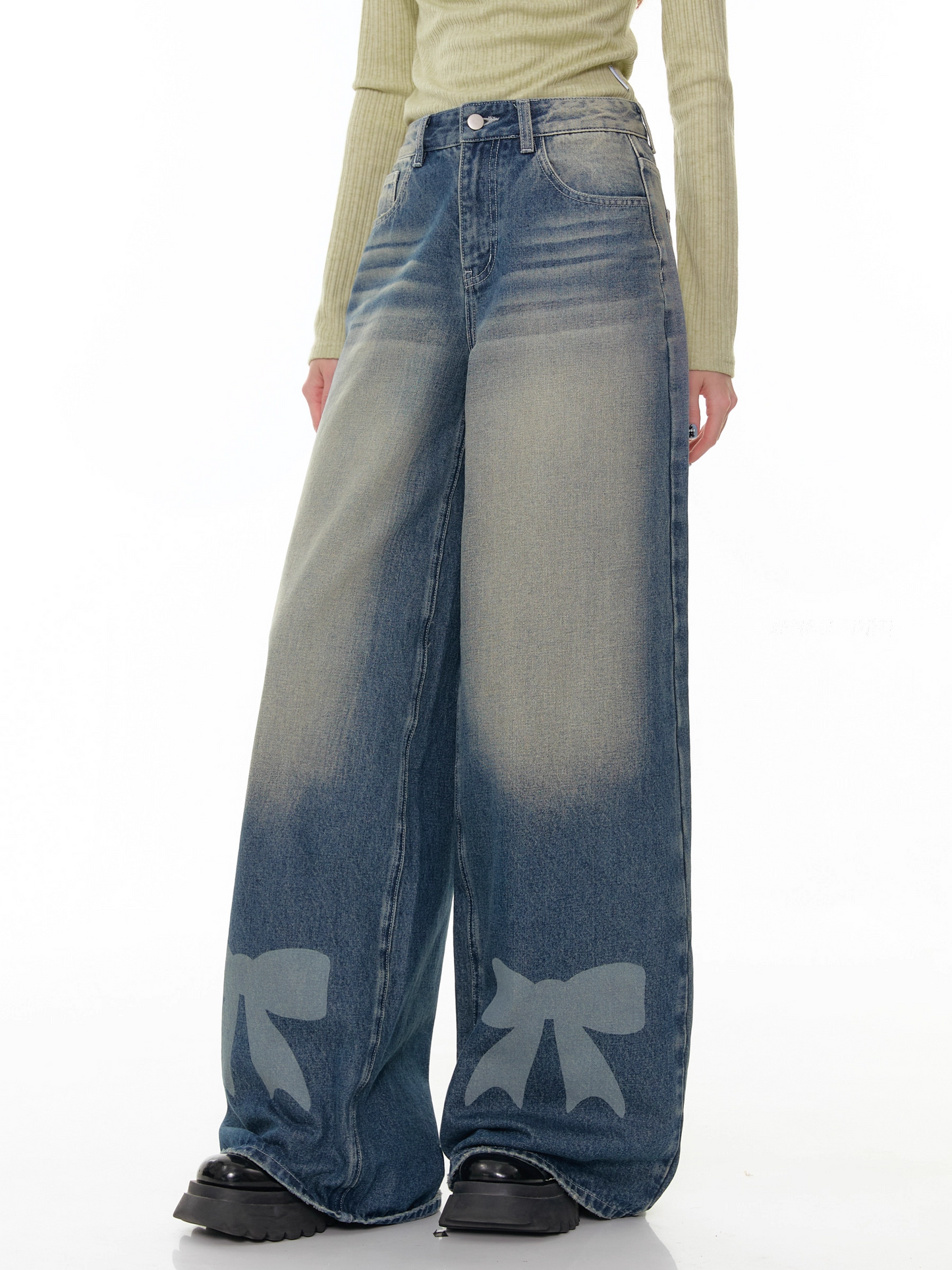 High Waist Wide-leg Straight Denim Pants with Bow　X3383