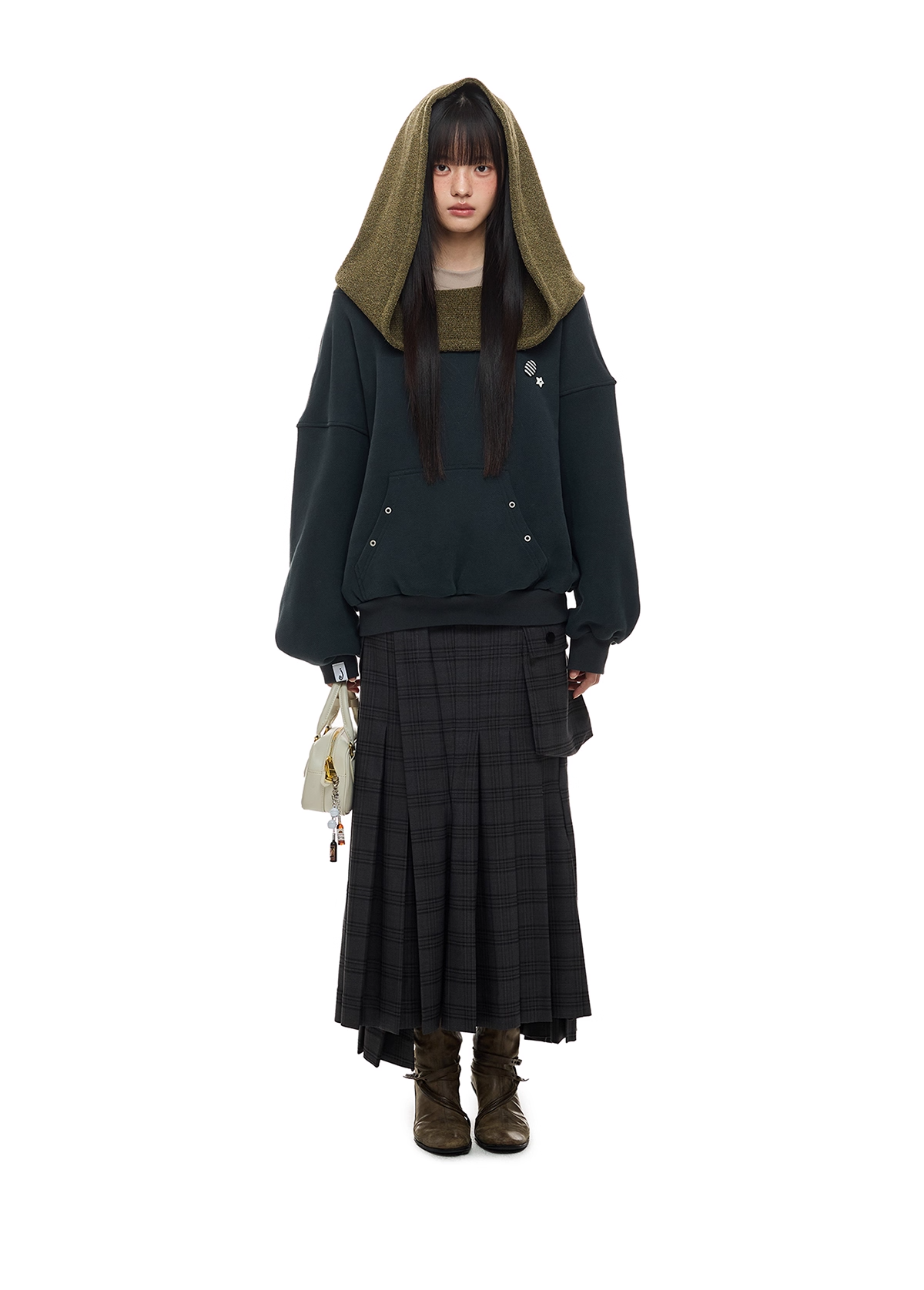 Layered-Look Off-Shoulder High-Neck Hoodie　X3485