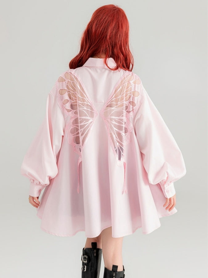 Butterfly motif open back puff sleeve shirt X2766