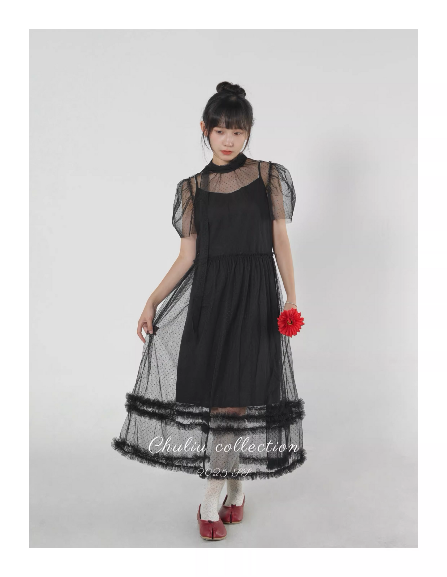Polka Dot Tulle Puff Sleeve Dress 2-Piece Set　X3526