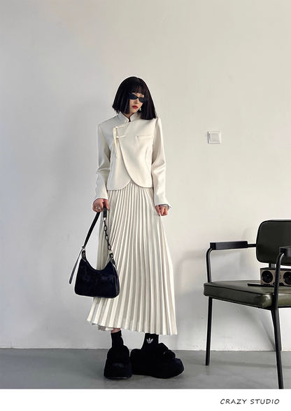 White Chinese-Style Blazer/Pleated Skirt Set　X3341