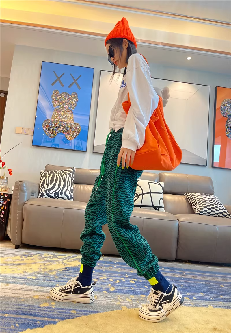 秋季豹紋高腰修身抽繩慢跑運動褲 X3501